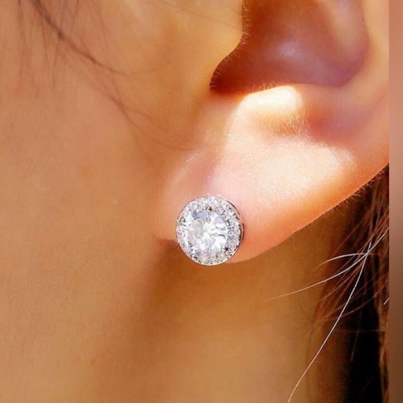 Round Crystal Halo CZ Faux Diamond Silver Earrings Affordable Luxury Earrings - Picture 11 of 11